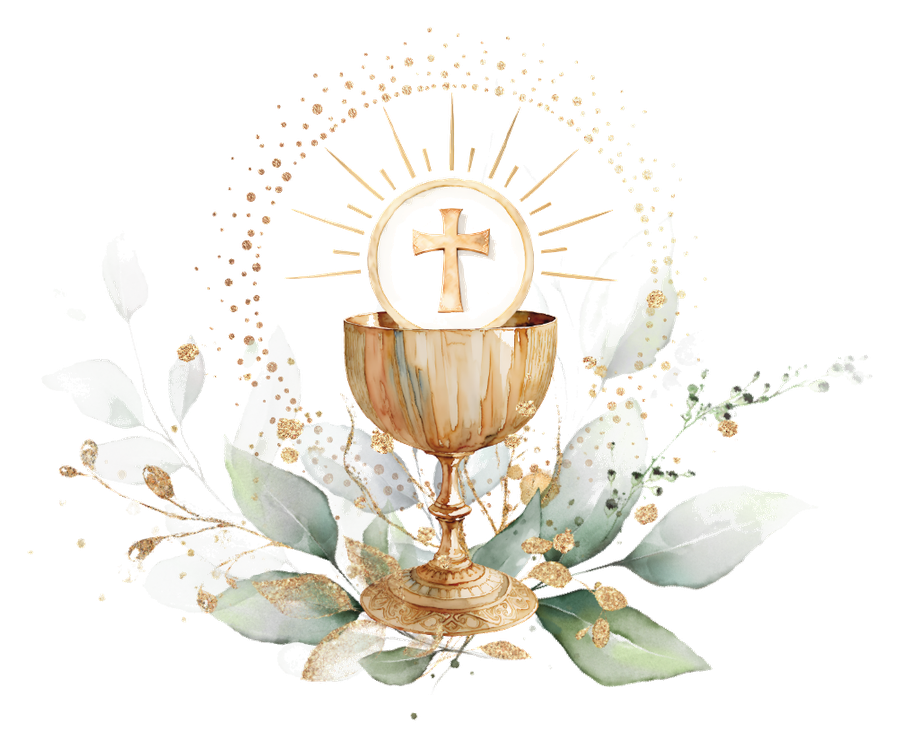 Ilustración en acuarela de un cáliz dorado con la hostia, rayos y hojas de eucalipto